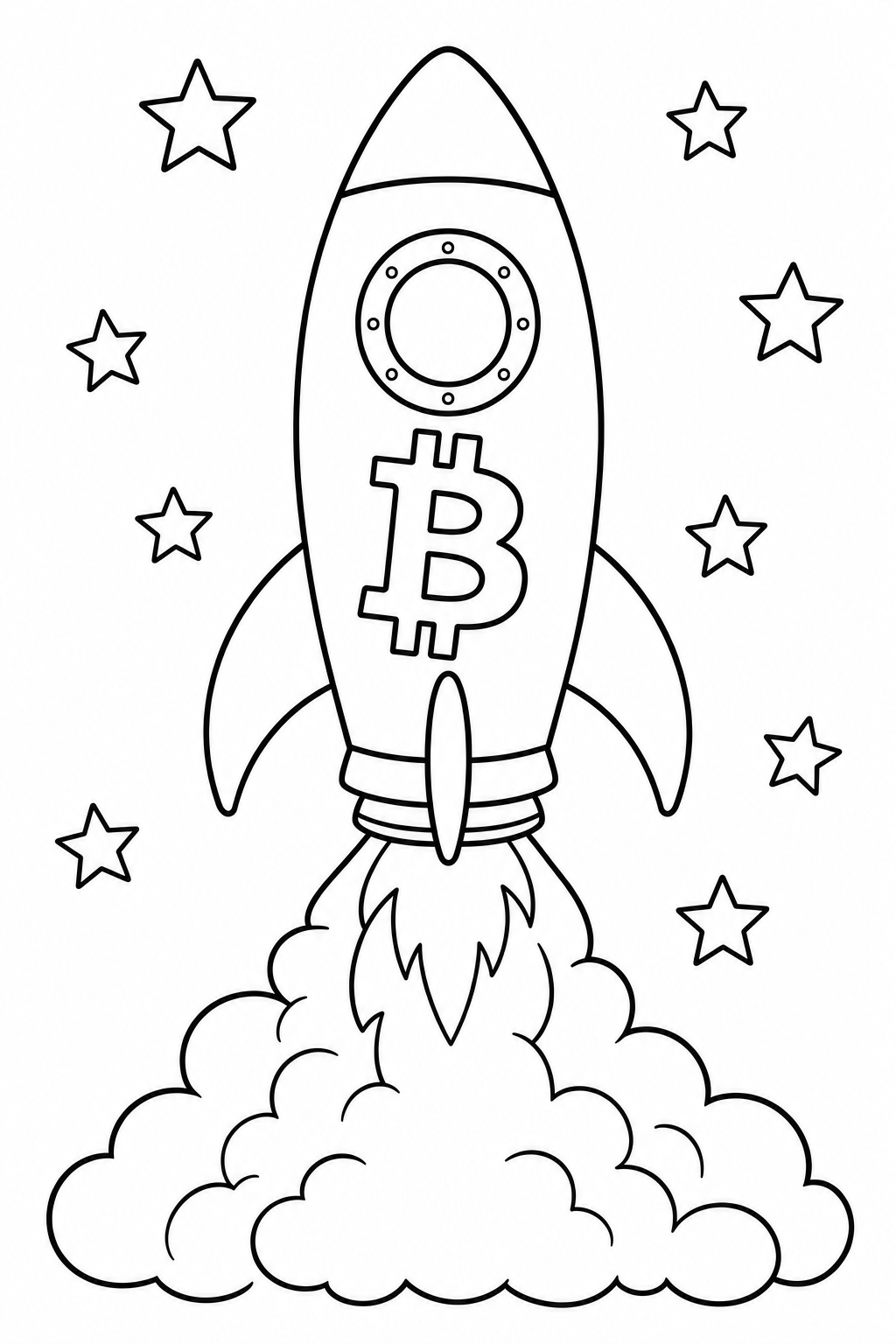 Bitcoin Guy on a rocket sample colouring page