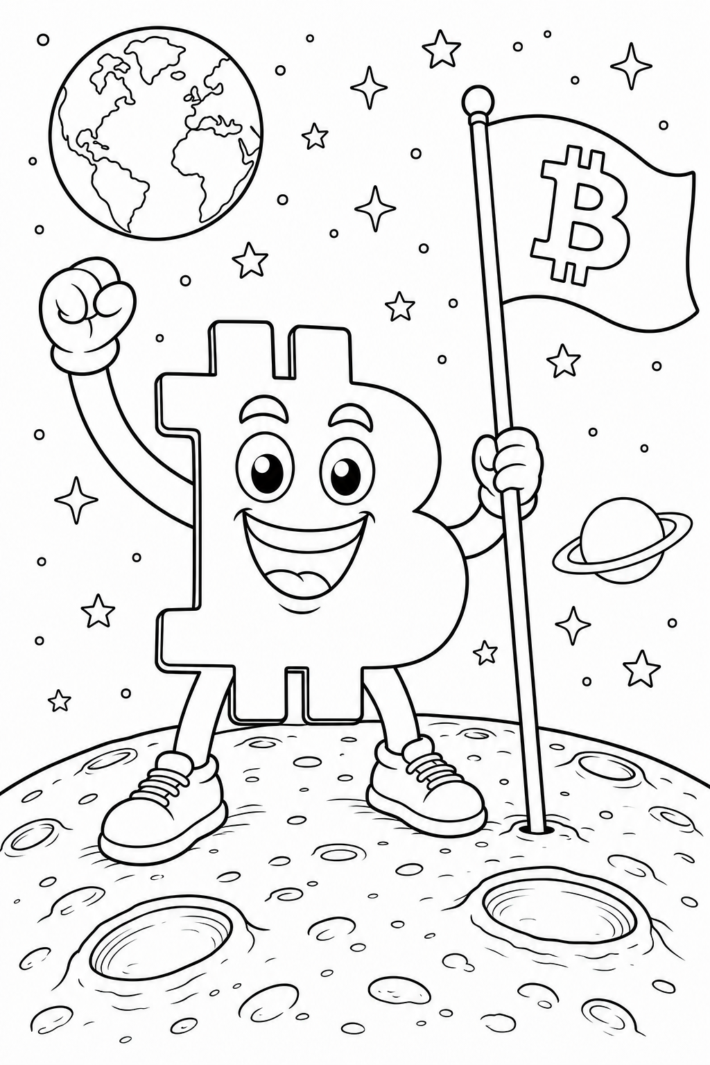 Bitcoin Guy to the moon sample colouring page